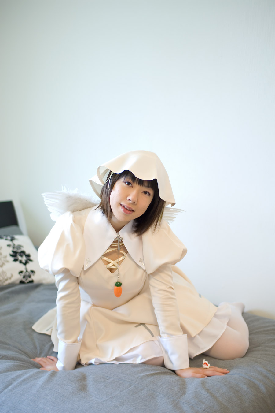 character request, highres, photo (medium), source request, bed, carrot, cosplay, dress, wings