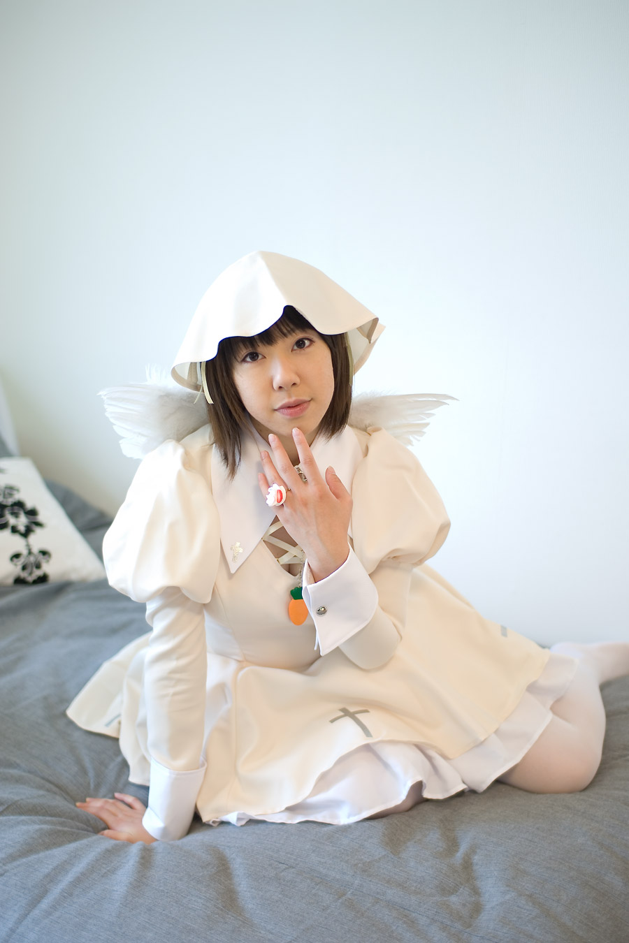 character request, highres, photo (medium), source request, bed, carrot, cosplay, dress, wings