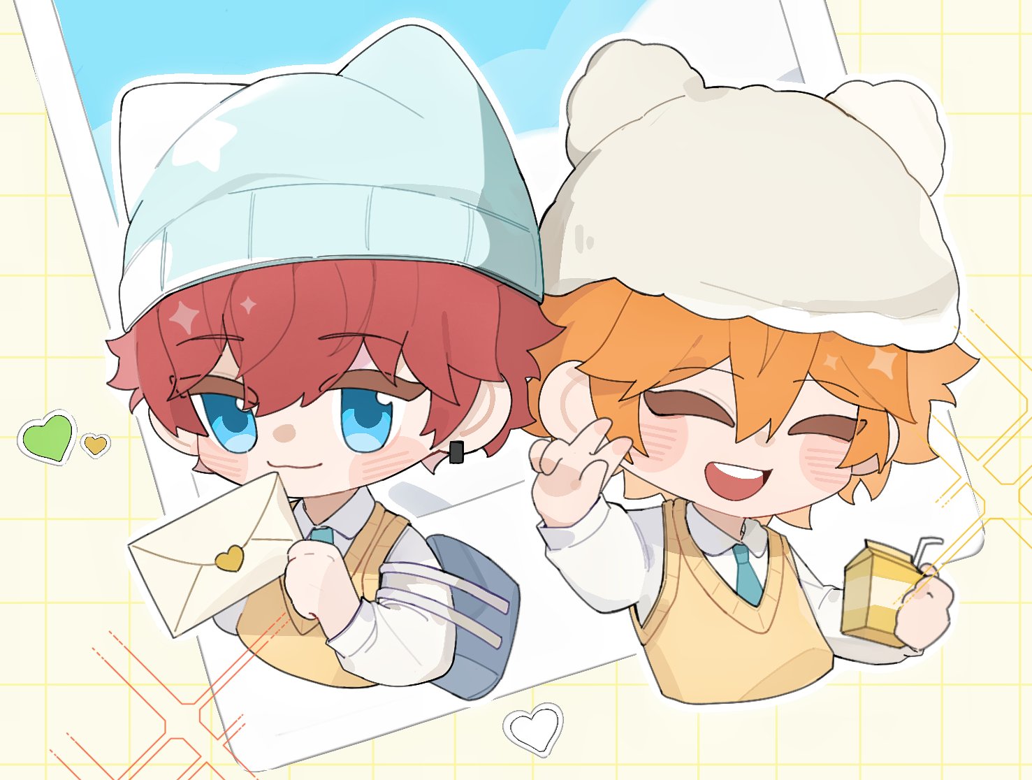 akehoshi subaru, amagi hiiro, ensemble stars!, 2boys, animal ear headwear, aqua necktie, bag, beanie, blue eyes, blush stickers, carton, chibi, chibi only, closed eyes, closed mouth, fake animal ears, hair between eyes, hat, holding, holding carton, holding letter, letter, long sleeves, love letter, male focus, multiple boys, necktie, open mouth, orange hair, red hair, short hair, shoulder bag, smile, sweater vest, teeth, upper body, upper teeth only, v, yellow sweater vest, yyq1919
