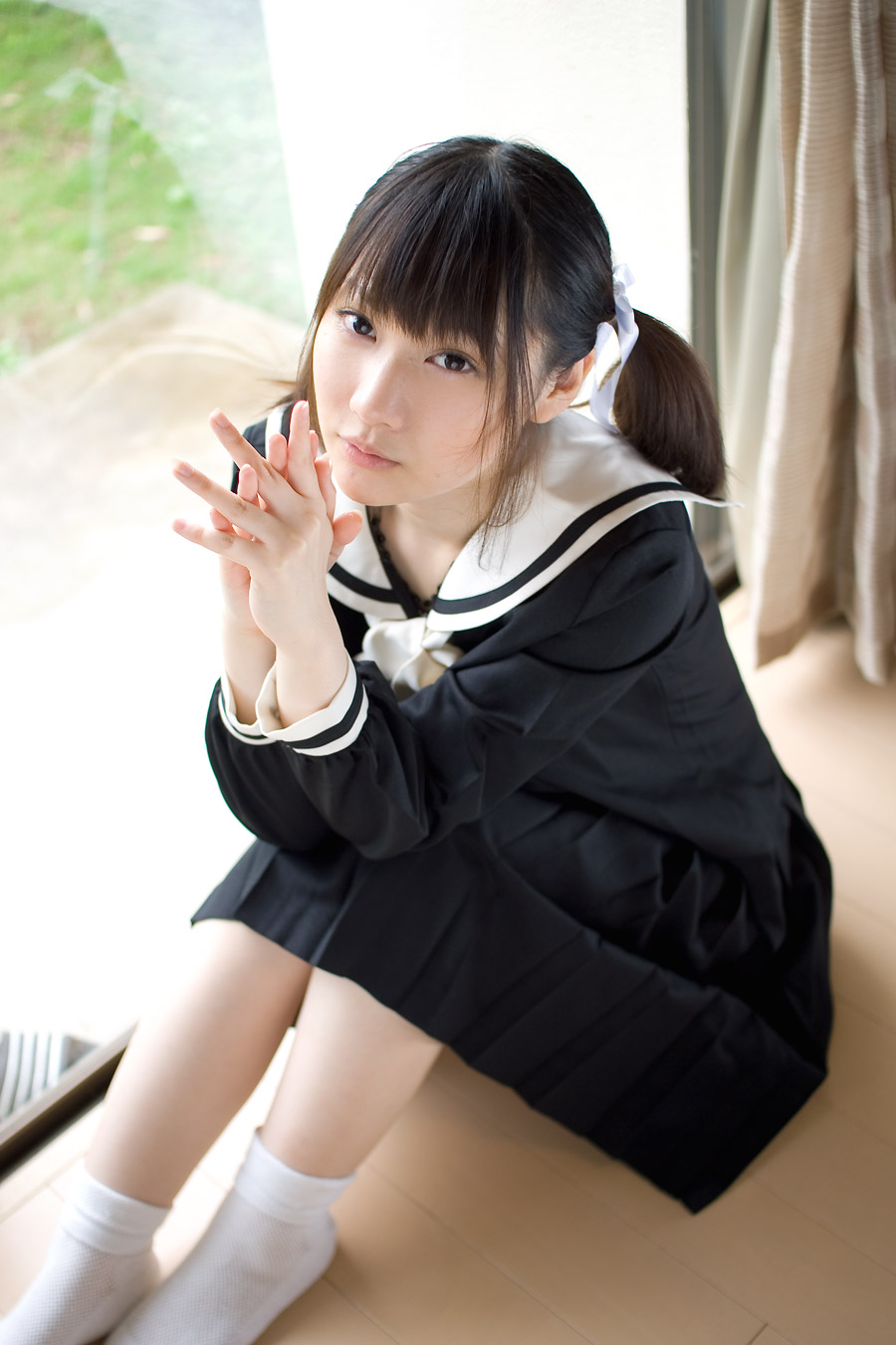 fukuzawa yumi, maria-sama ga miteru, highres, photo (medium), 1girl, asian, cosplay, fukuzawa yumi (cosplay), hair ribbon, indoors, pleated skirt, ribbon, sailor, school uniform, serafuku, skirt, socks, twintails
