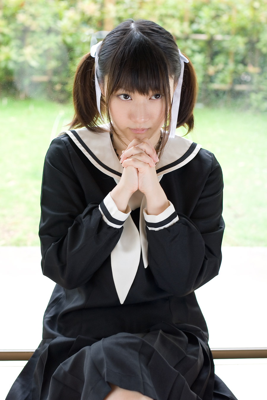 fukuzawa yumi, maria-sama ga miteru, highres, photo (medium), 1girl, asian, cosplay, fukuzawa yumi (cosplay), hair ribbon, indoors, pleated skirt, ribbon, sailor, school uniform, serafuku, skirt, twintails