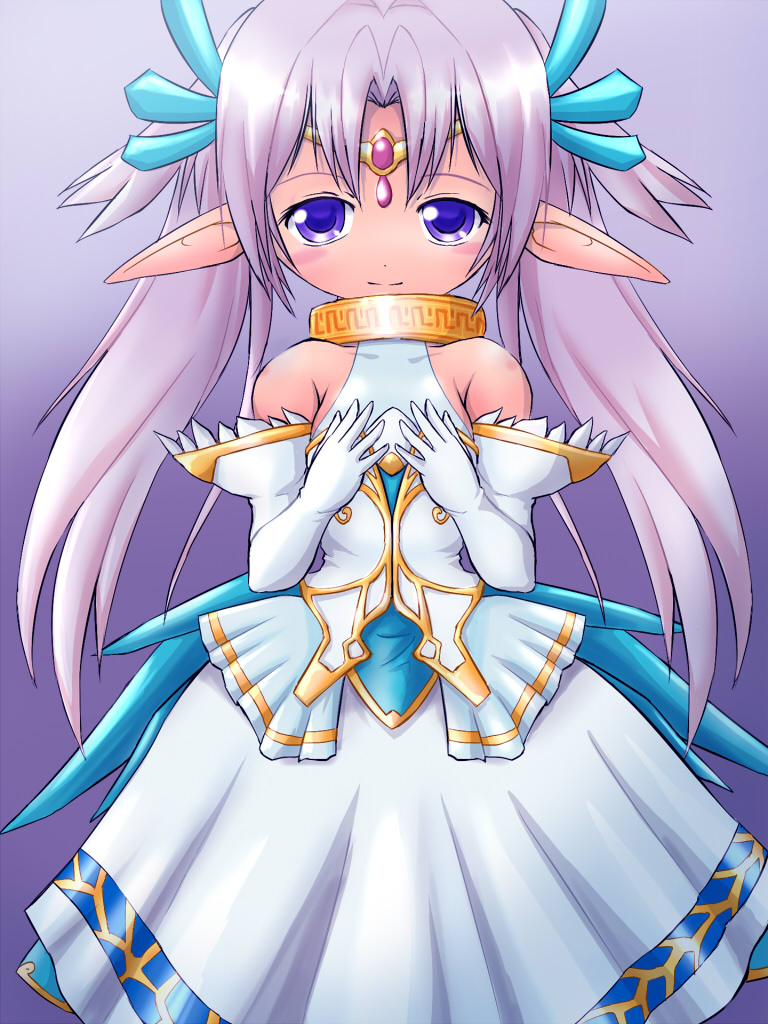nu-o, emil chronicle online, 1girl, bare shoulders, blue eyes, blush stickers, breasts, circlet, dress, elbow gloves, gloves, green dress, horns, large collar, long hair, looking at viewer, pointy ears, purple background, seahorse alma, sleeveless, sleeveless dress, small breasts, solo, twintails, two-tone dress, white dress, white gloves, white hair