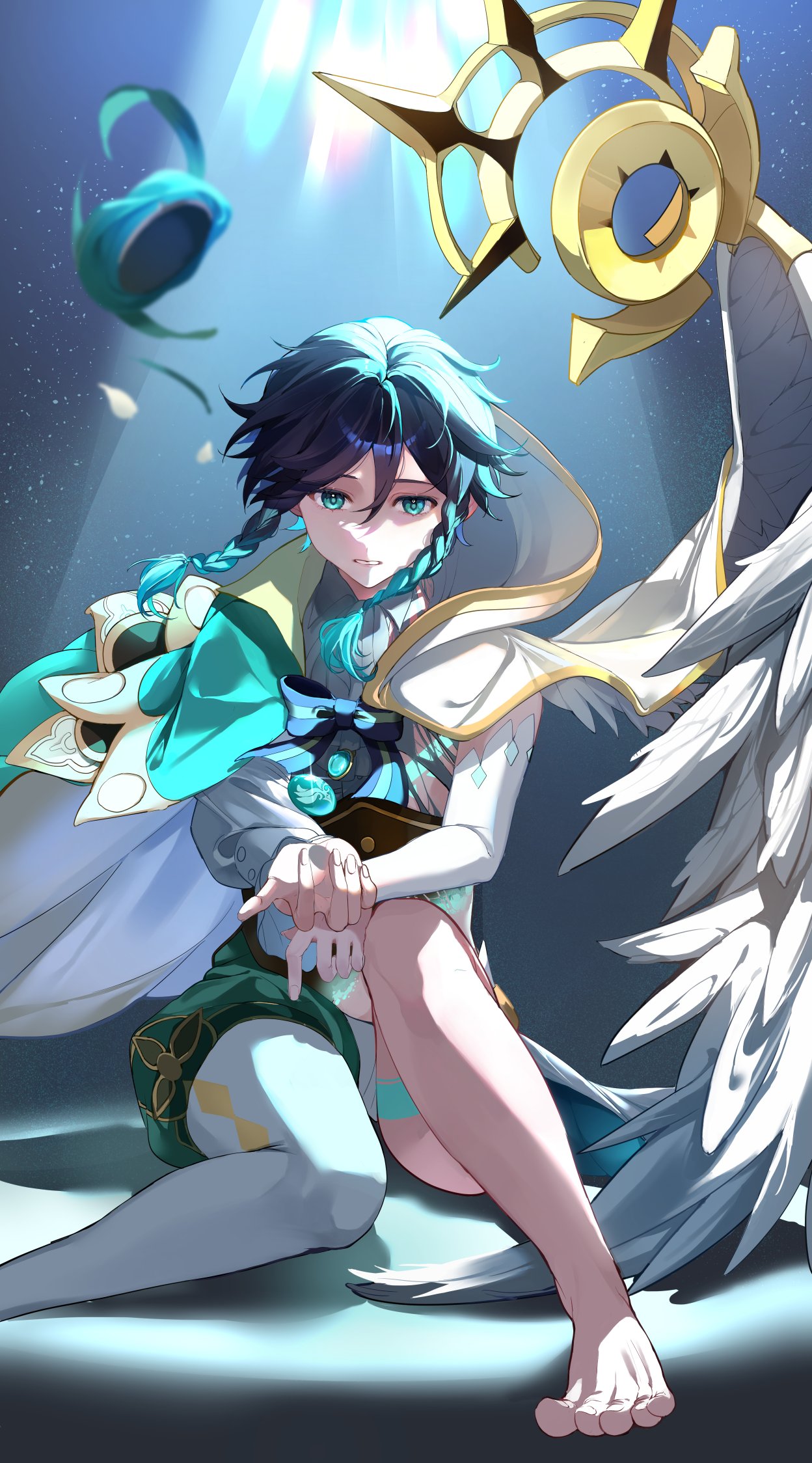 venti (archon) (genshin impact), venti (genshin impact), genshin impact, highres, 1boy, androgynous, argyle clothes, argyle pantyhose, beret, black hair, blue hair, braid, budoutou003, cape, capelet, chest tattoo, collared cape, feathered wings, gradient hair, green cape, green hat, green shorts, hat, hood, hooded capelet, multicolored hair, short hair with long locks, shorts, side braids, solo, tattoo, twin braids, white wings, wings