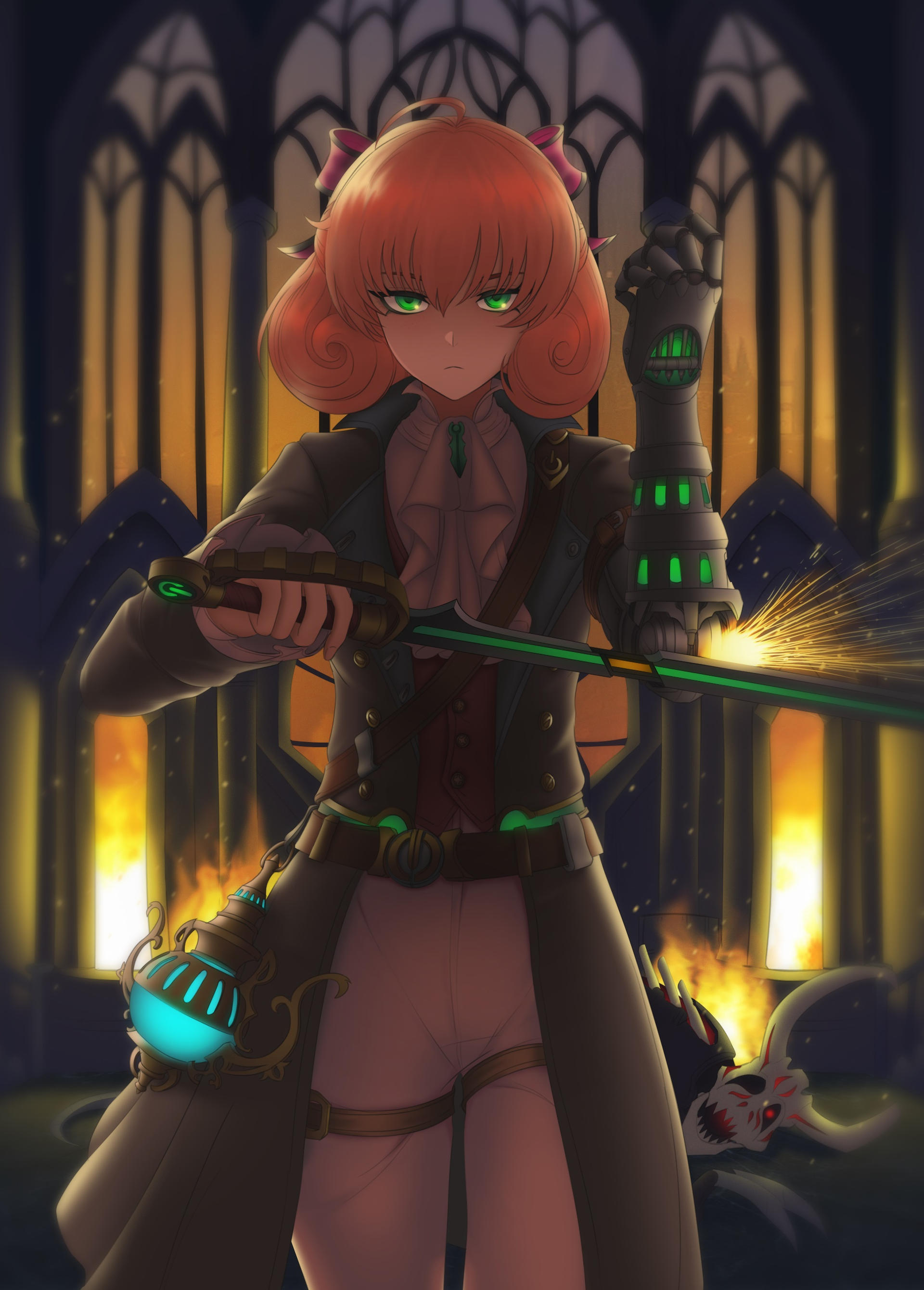 alavastircloud, grimm (rwby), nuckelavee (rwby), penny polendina, pinocchio (lies of p), lies of p, rwby, absurdres, commentary, english commentary, highres, 1girl, ahoge, android, belt, brown belt, buttons, closed mouth, cosplay, cowboy shot, embers, eyelashes, fire, green eyes, hair ribbon, hand up, holding, holding sword, holding weapon, horns, jacket, long sleeves, mechanical arms, open clothes, open jacket, open mouth, orange hair, pants, pink ribbon, pinocchio (lies of p) (cosplay), relic of knowledge (rwby), ribbon, short hair, single mechanical arm, sparks, sword, weapon, white pants