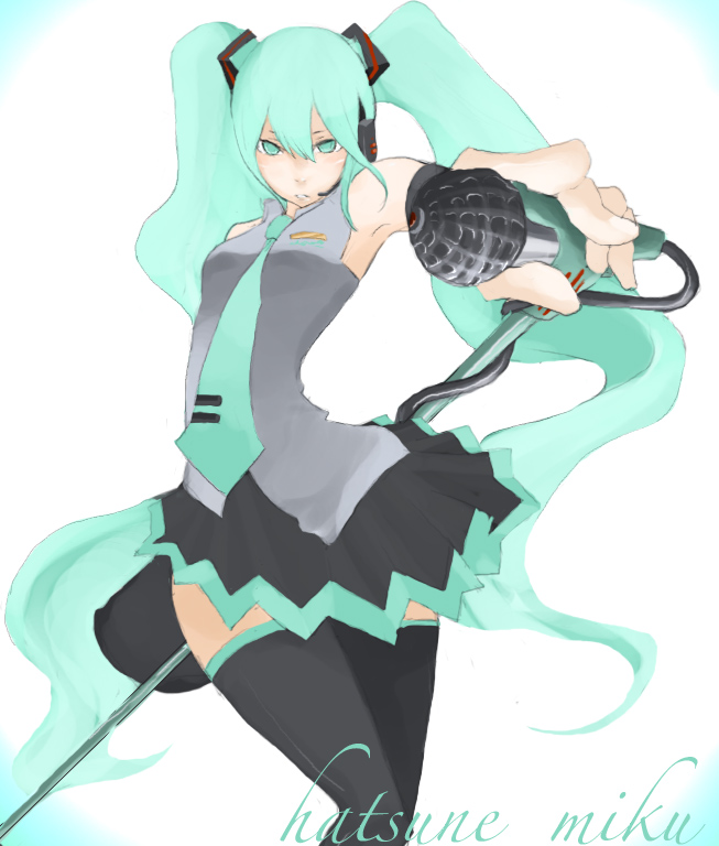 tansuke, hatsune miku, vocaloid, aqua eyes, aqua hair, long hair, microphone, microphone stand, solo, thighhighs, twintails, very long hair