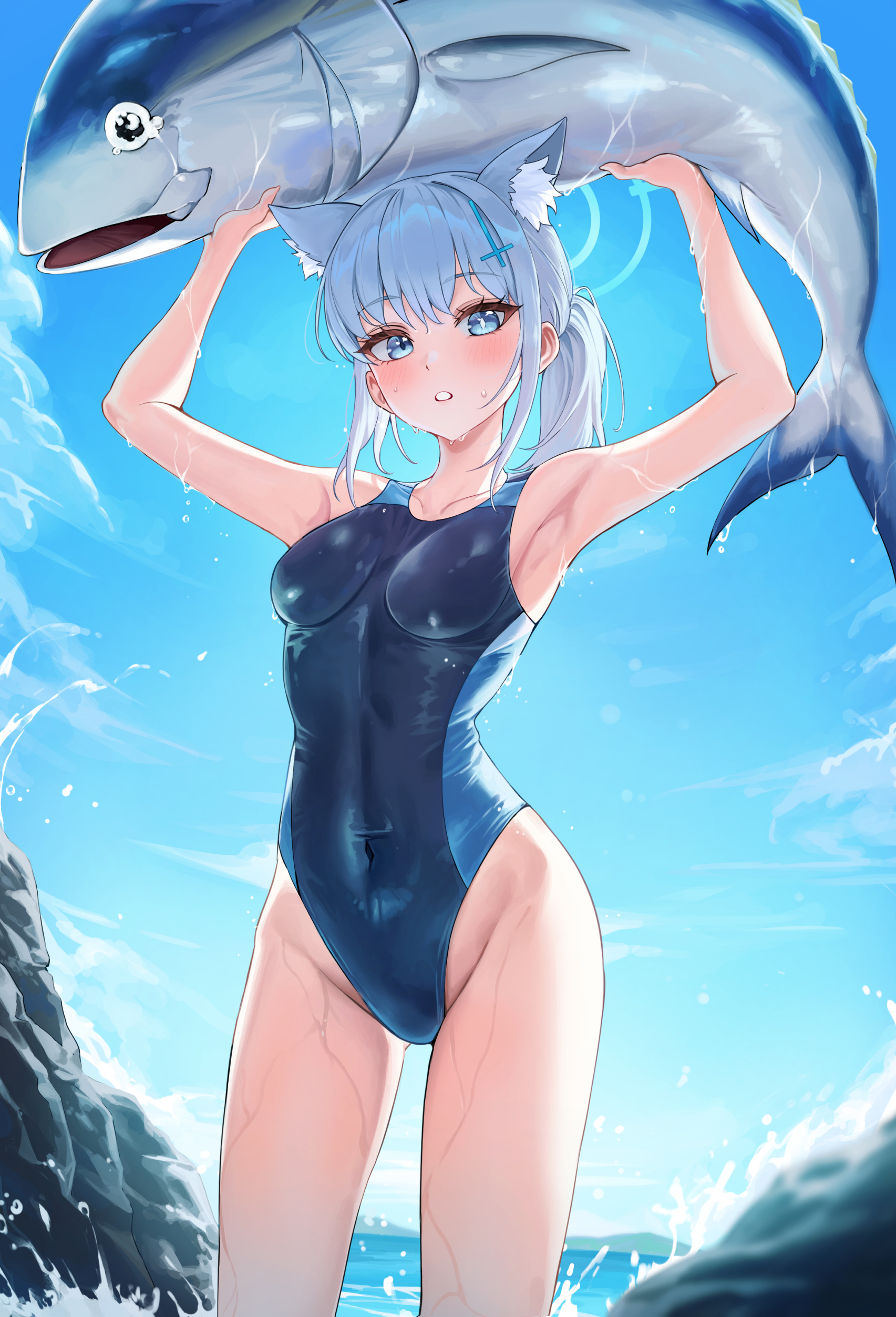 2gong (9ujin ), shiroko (blue archive), shiroko (swimsuit) (blue archive), blue archive, absurdres, highres, 1girl, animal, animal ear fluff, animal ears, armpits, arms up, bare arms, bare shoulders, blue one-piece swimsuit, breasts, competition swimsuit, covered navel, extra ears, fish, halo, highleg, highleg one-piece swimsuit, holding, holding animal, holding fish, long hair, looking at viewer, medium breasts, mismatched pupils, official alternate costume, one-piece swimsuit, parted lips, solo, swimsuit, thighs, wet, white hair, wolf ears