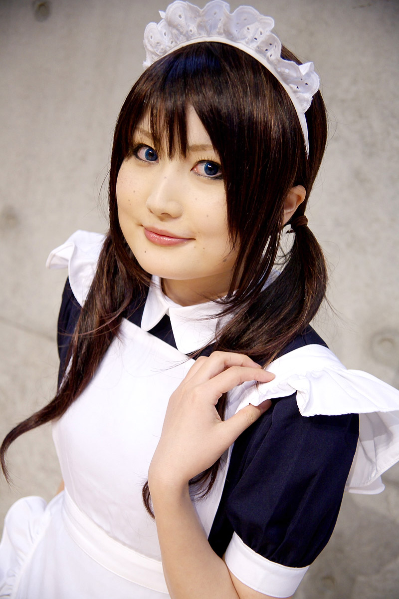 tairano mai, highres, photo (medium), apron, cosplay, maid, maid apron, twintails