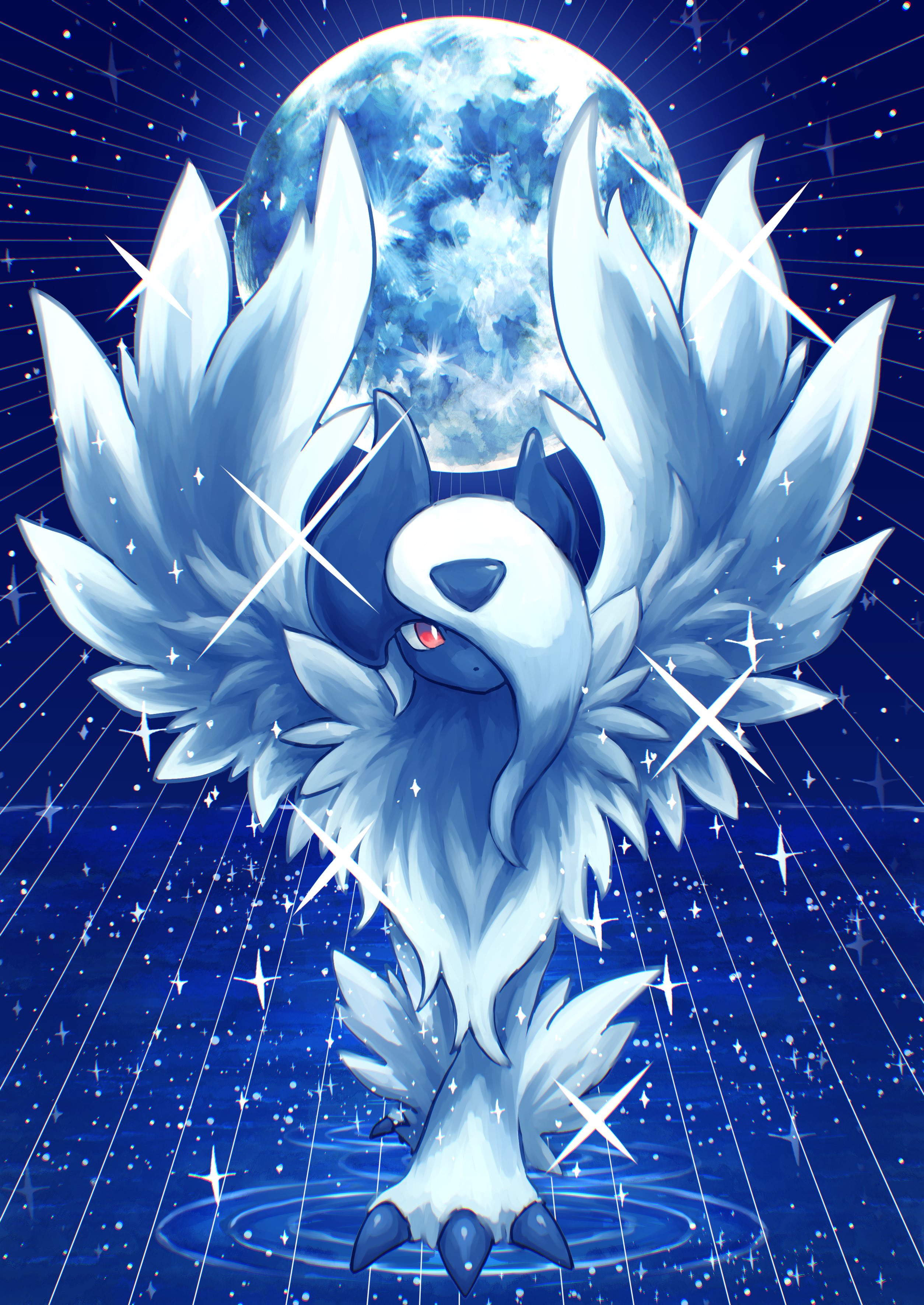 7 phi 3, absol, mega absol, nintendo, pokemon, absurdres, highres, blue background, feathered wings, full body, gen 3 pokemon, looking at viewer, mega pokemon, motion lines, no humans, red eyes, solo, speed lines, standing, standing on liquid, white wings, wings
