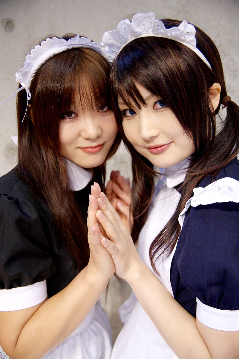 hirazuka yuki, tairano mai, highres, photo (medium), apron, cosplay, maid, maid apron, twintails