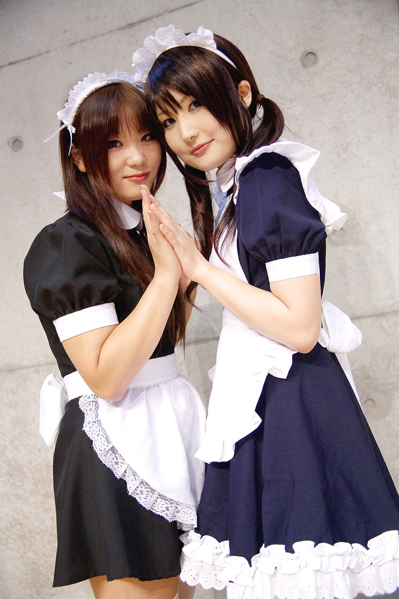 hirazuka yuki, tairano mai, highres, photo (medium), apron, cosplay, maid, maid apron, thighhighs, twintails