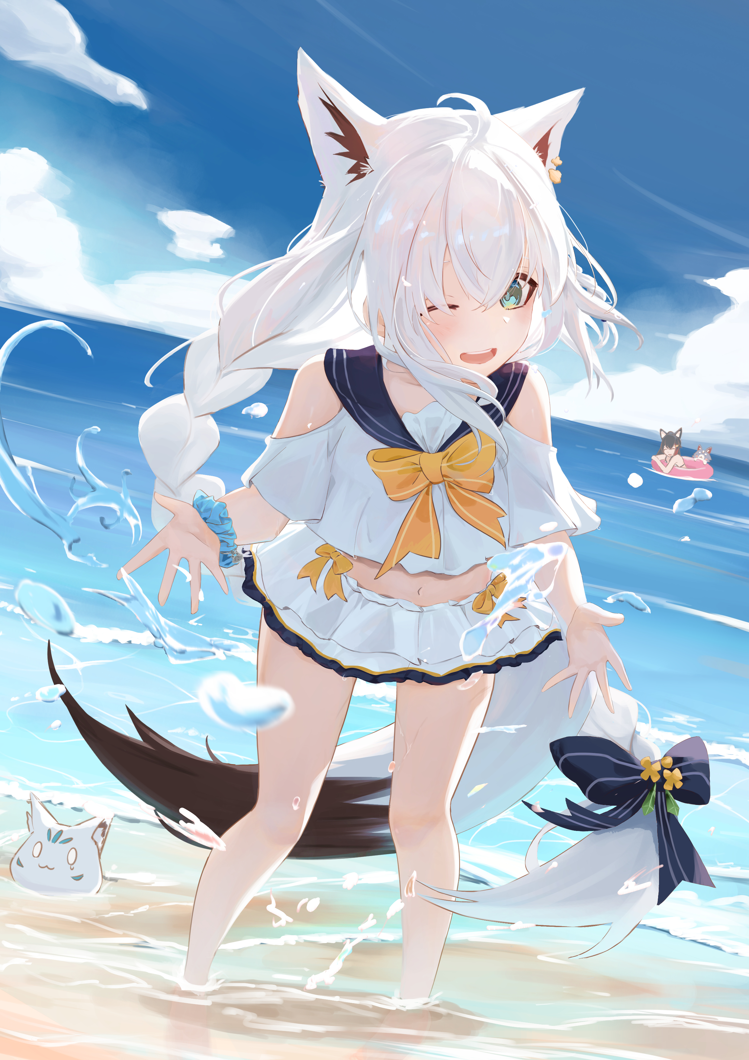 sliver fox, ookami mio, shirakami fubuki, sukonbu (shirakami fubuki), hololive, holonatsu paradise, absurdres, highres, 2girls, ahoge, animal ear fluff, animal ear piercing, animal ears, beach, bikini, bikini skirt, black bow, black bowtie, black hair, blush, bow, bowtie, braid, fox ears, fox girl, fox tail, green eyes, hair between eyes, hair bow, innertube, long hair, low-tied long hair, multiple girls, navel, official alternate costume, one eye closed, open mouth, school uniform, scrunchie, serafuku, smile, stomach, swim ring, swimsuit, tail, twin braids, very long hair, virtual youtuber, water, wet, white bikini, white hair, wrist scrunchie