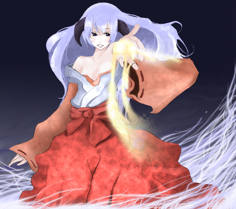 tansuke, hanyuu, higurashi no naku koro ni, bad id, bad pixiv id, 00s, 1girl, female focus, hakama, hakama skirt, horns, japanese clothes, red hakama, skirt, solo