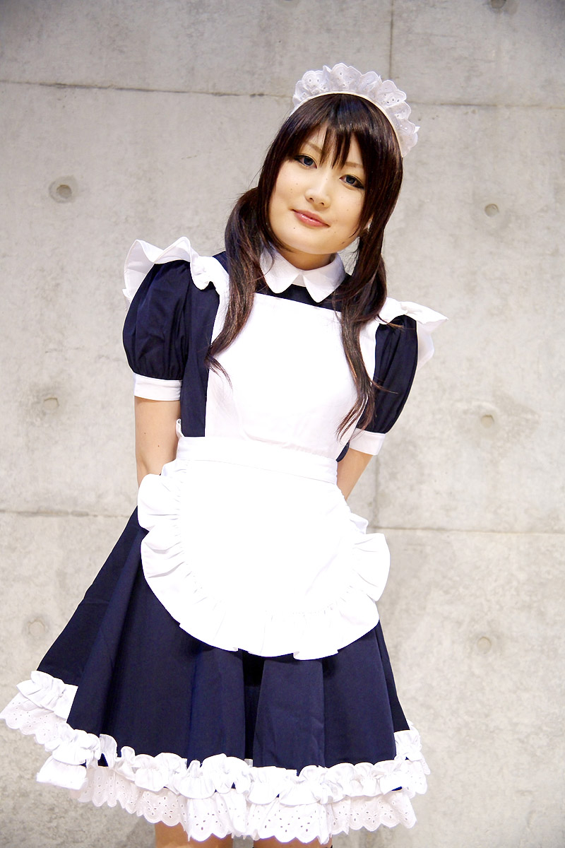 tairano mai, highres, photo (medium), apron, cosplay, maid, maid apron, twintails