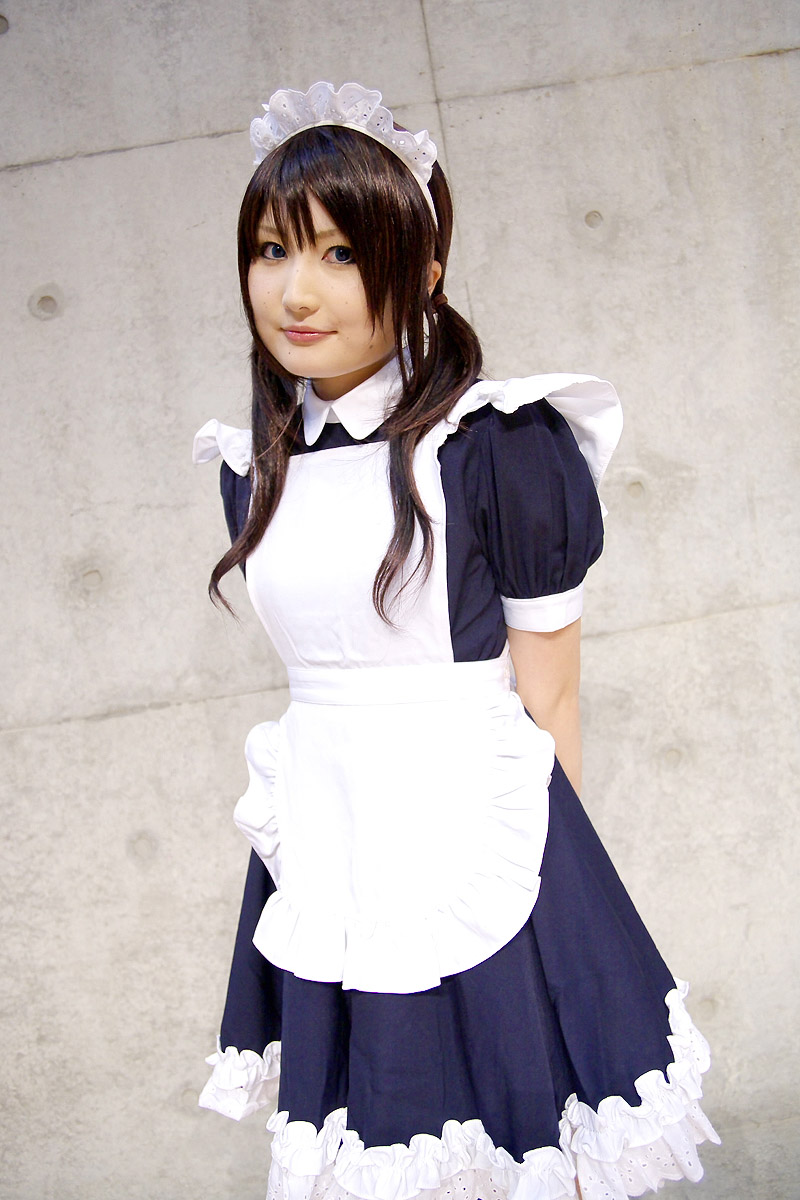 tairano mai, highres, photo (medium), apron, cosplay, maid, maid apron, twintails
