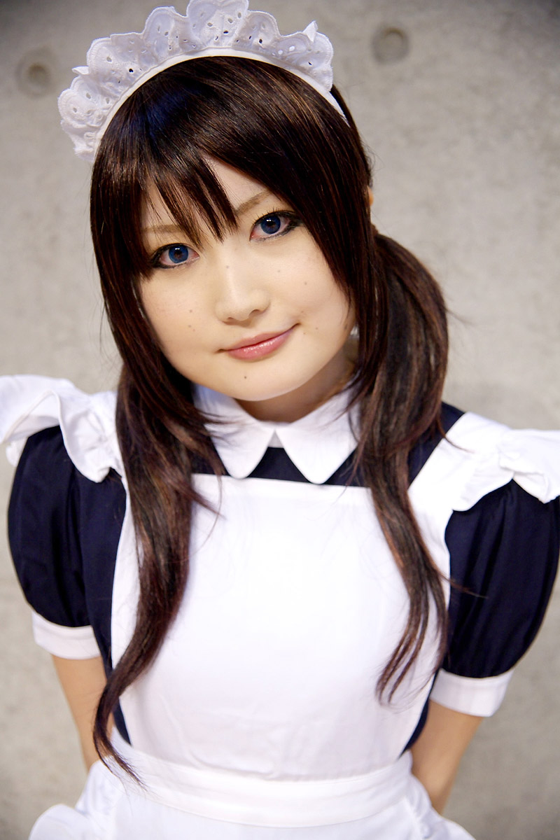 tairano mai, highres, photo (medium), apron, cosplay, maid, maid apron, twintails