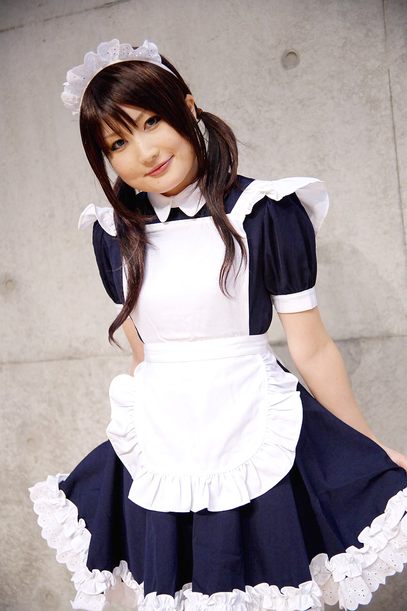 tairano mai, highres, photo (medium), apron, cosplay, maid, maid apron, twintails