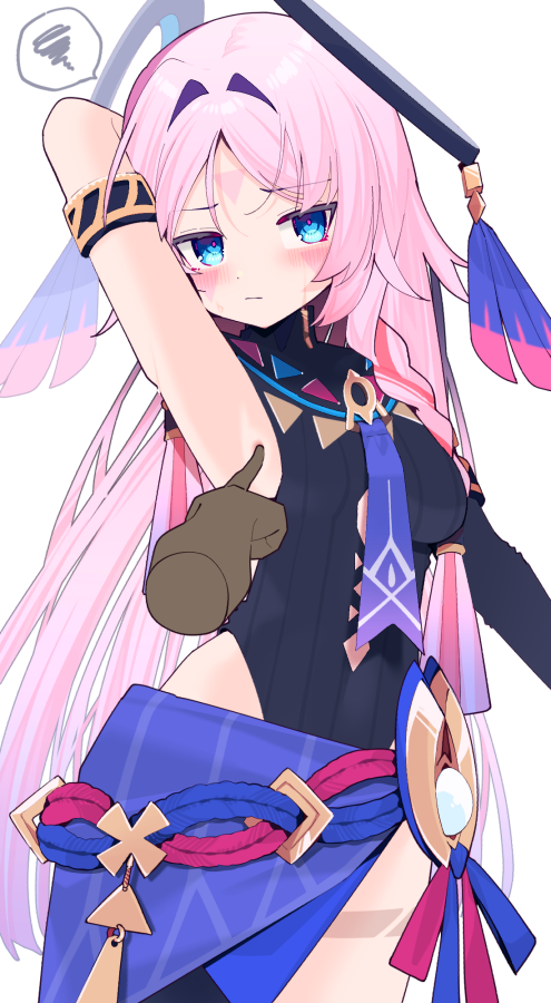 koori, citlali (genshin impact), genshin impact, 1girl, armpits, blue eyes, blush, breasts, hair ornament, heattech leotard, leotard, looking at viewer, pink hair, sideboob, thighs, turtleneck, white background