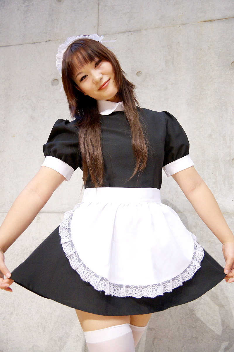 hirazuka yuki, highres, photo (medium), apron, clothes lift, cosplay, maid, maid apron, skirt, skirt lift, thighhighs