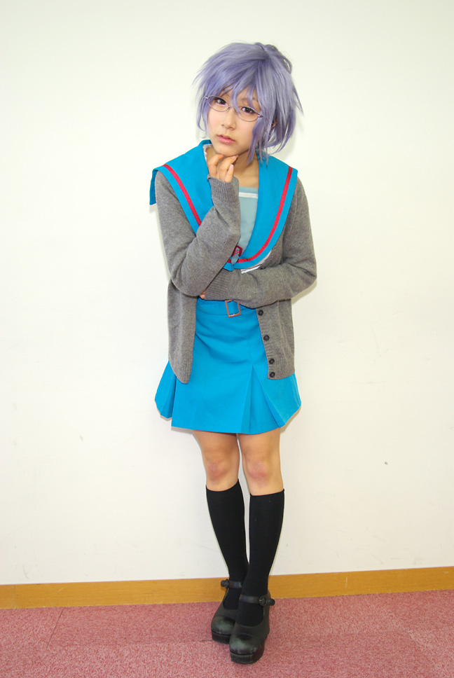 nagato yuki, suzumiya haruhi no yuuutsu, photo (medium), blue hair, book, cardigan, cosplay, glasses, kneehighs, koubou tokori, sailor, school uniform, serafuku, socks