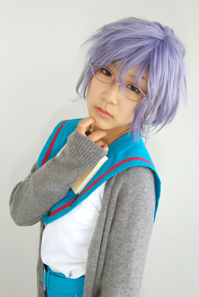 nagato yuki, suzumiya haruhi no yuuutsu, photo (medium), blue hair, book, cardigan, cosplay, glasses, koubou tokori, sailor, school uniform, serafuku