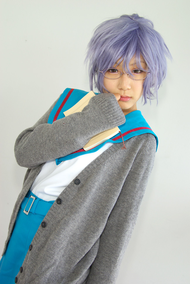 nagato yuki, suzumiya haruhi no yuuutsu, photo (medium), blue hair, book, cardigan, cosplay, glasses, koubou tokori, sailor, school uniform, serafuku