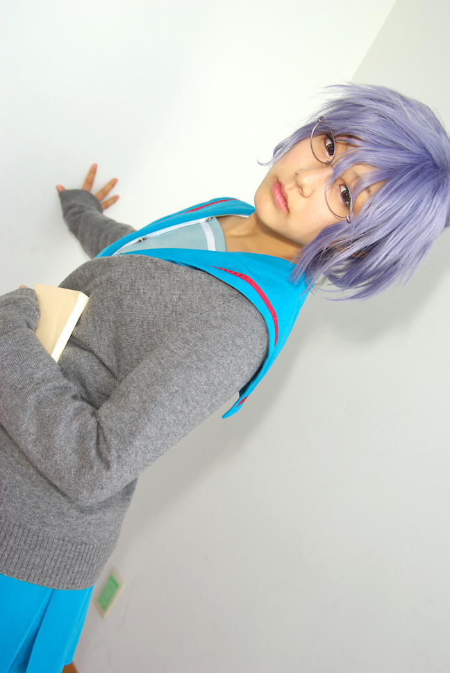 nagato yuki, suzumiya haruhi no yuuutsu, photo (medium), blue hair, book, cardigan, cosplay, glasses, koubou tokori, sailor, school uniform, serafuku