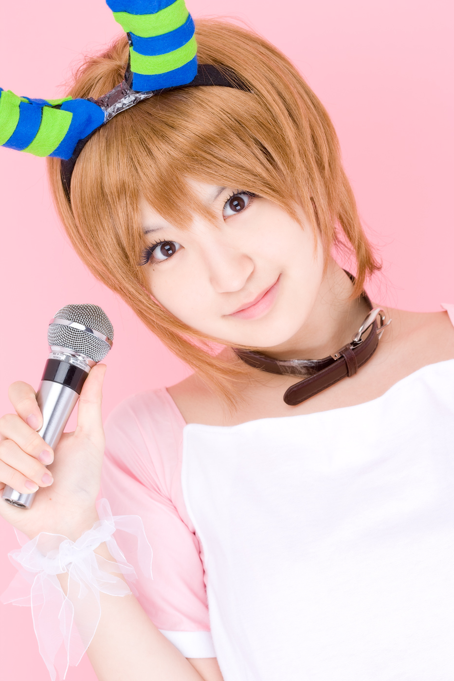 richi, linda (boku to maou), boku to maou, highres, photo (medium), apron, collar, cosplay, dress, horns, microphone