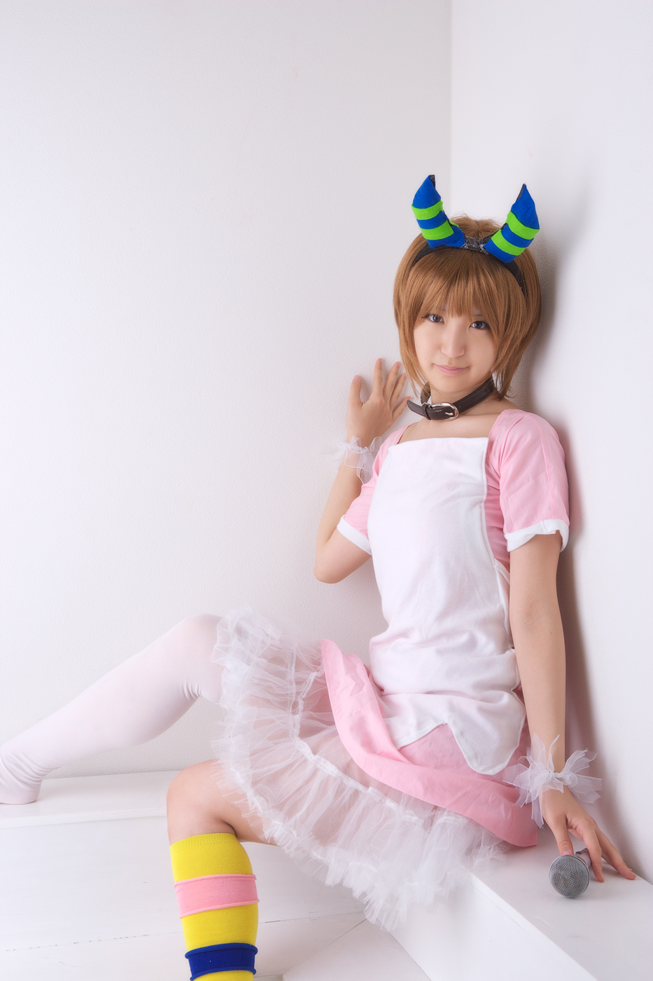 richi, linda (boku to maou), boku to maou, highres, photo (medium), apron, collar, cosplay, dress, horns, microphone, single thighhigh, thighhighs