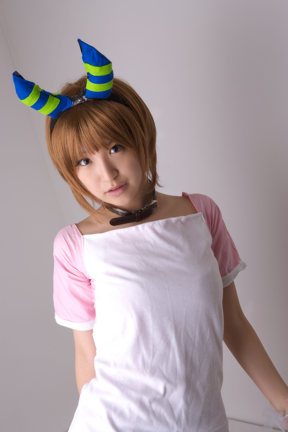richi, linda (boku to maou), boku to maou, highres, photo (medium), apron, collar, cosplay, dress, horns