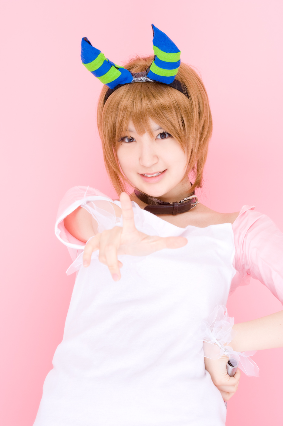 richi, linda (boku to maou), boku to maou, highres, photo (medium), apron, collar, cosplay, dress, horns, microphone
