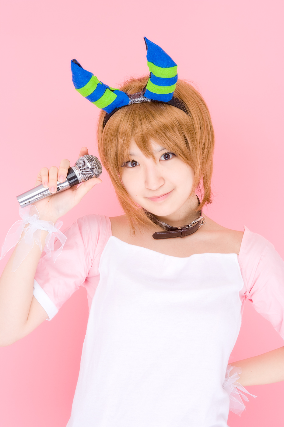 richi, linda (boku to maou), boku to maou, highres, photo (medium), apron, collar, cosplay, dress, horns, microphone