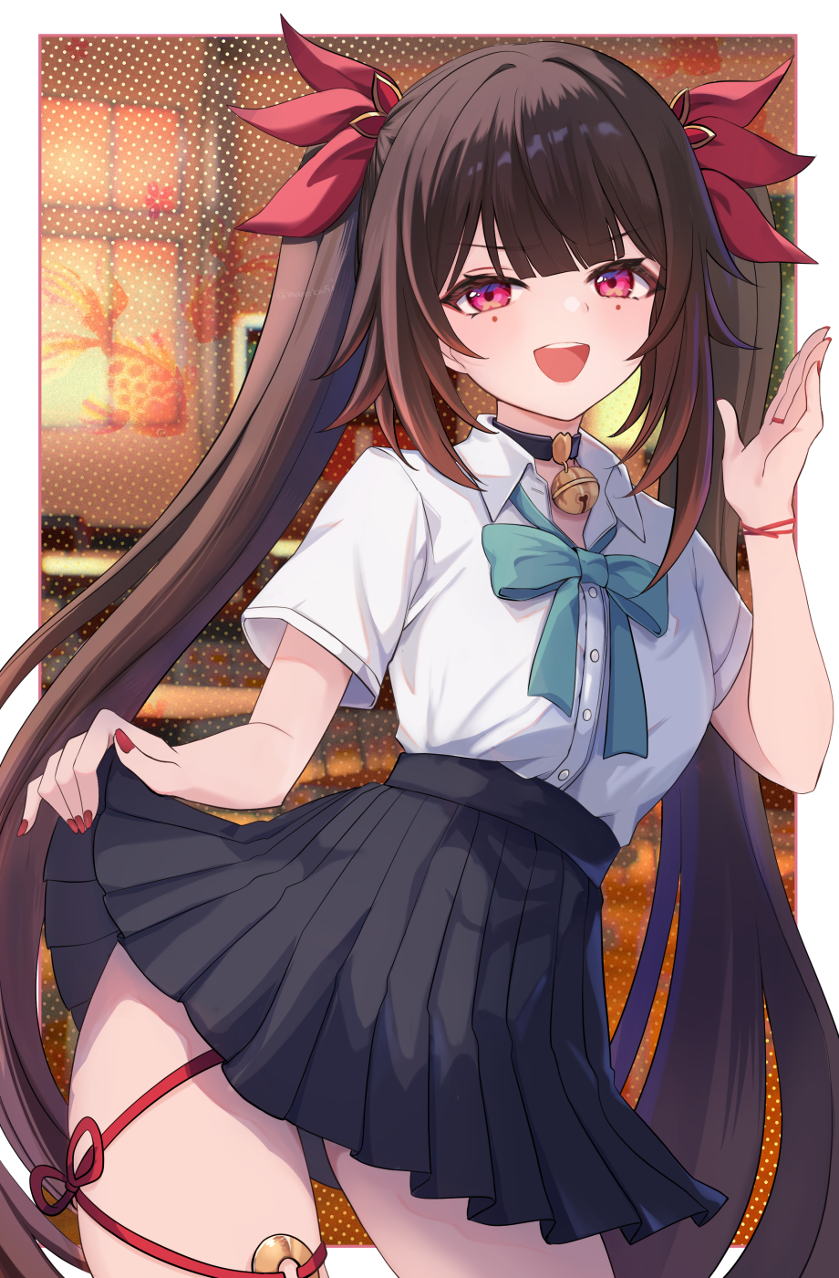 marekamico, sparkle (honkai: star rail), sparkle (school uniform) (honkai: star rail), honkai: star rail, honkai (series), commentary request, highres, revision, 1girl, alternate costume, black choker, black skirt, blue ribbon, border, breasts, brown hair, choker, contrapposto, looking at viewer, mark under both eyes, medium breasts, open mouth, pleated skirt, red eyes, red nails, ribbon, shirt, skirt, solo, teeth, upper teeth only, white border, white shirt
