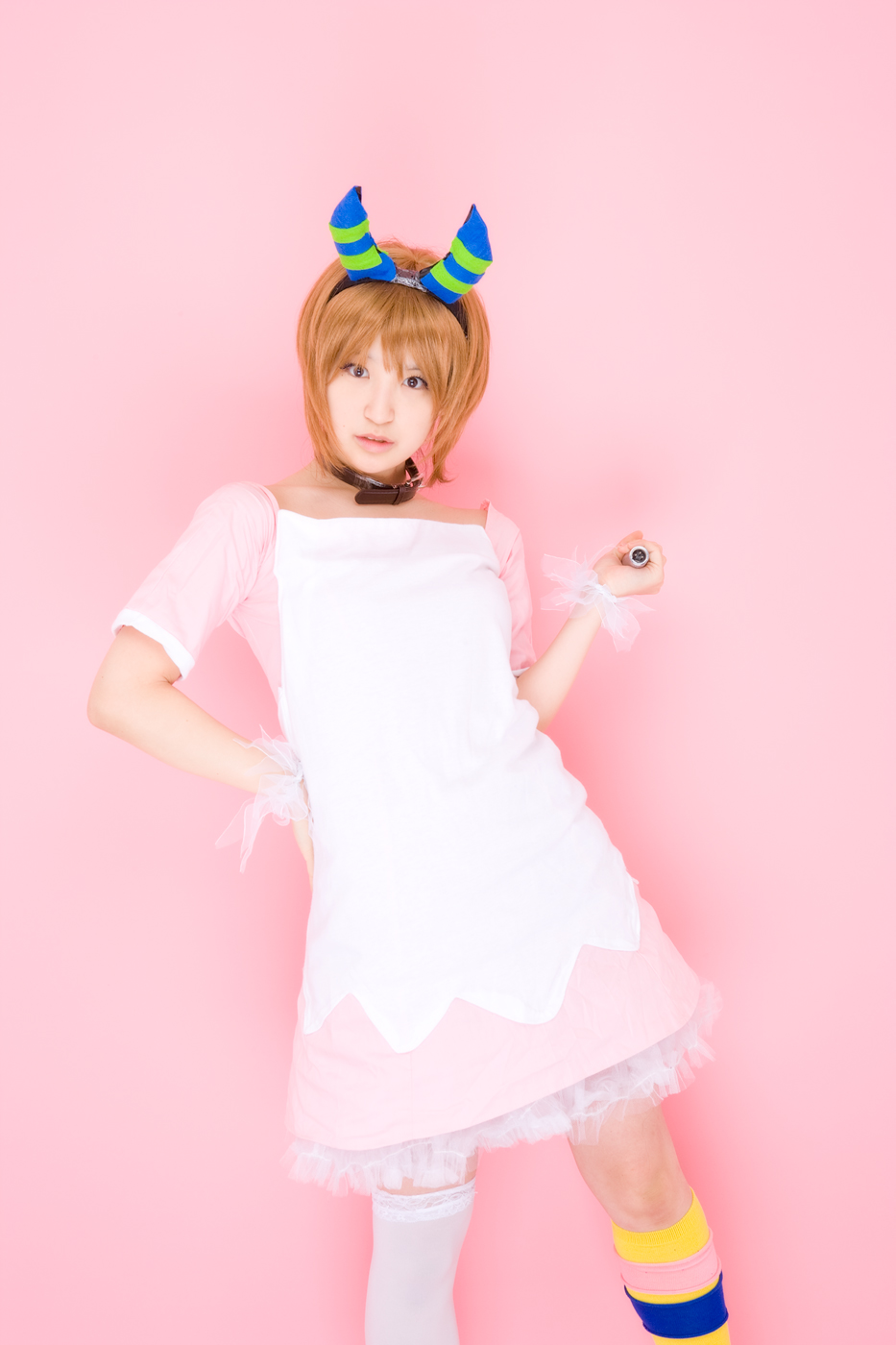 richi, linda (boku to maou), boku to maou, highres, photo (medium), apron, collar, cosplay, dress, horns, microphone, single thighhigh, thighhighs