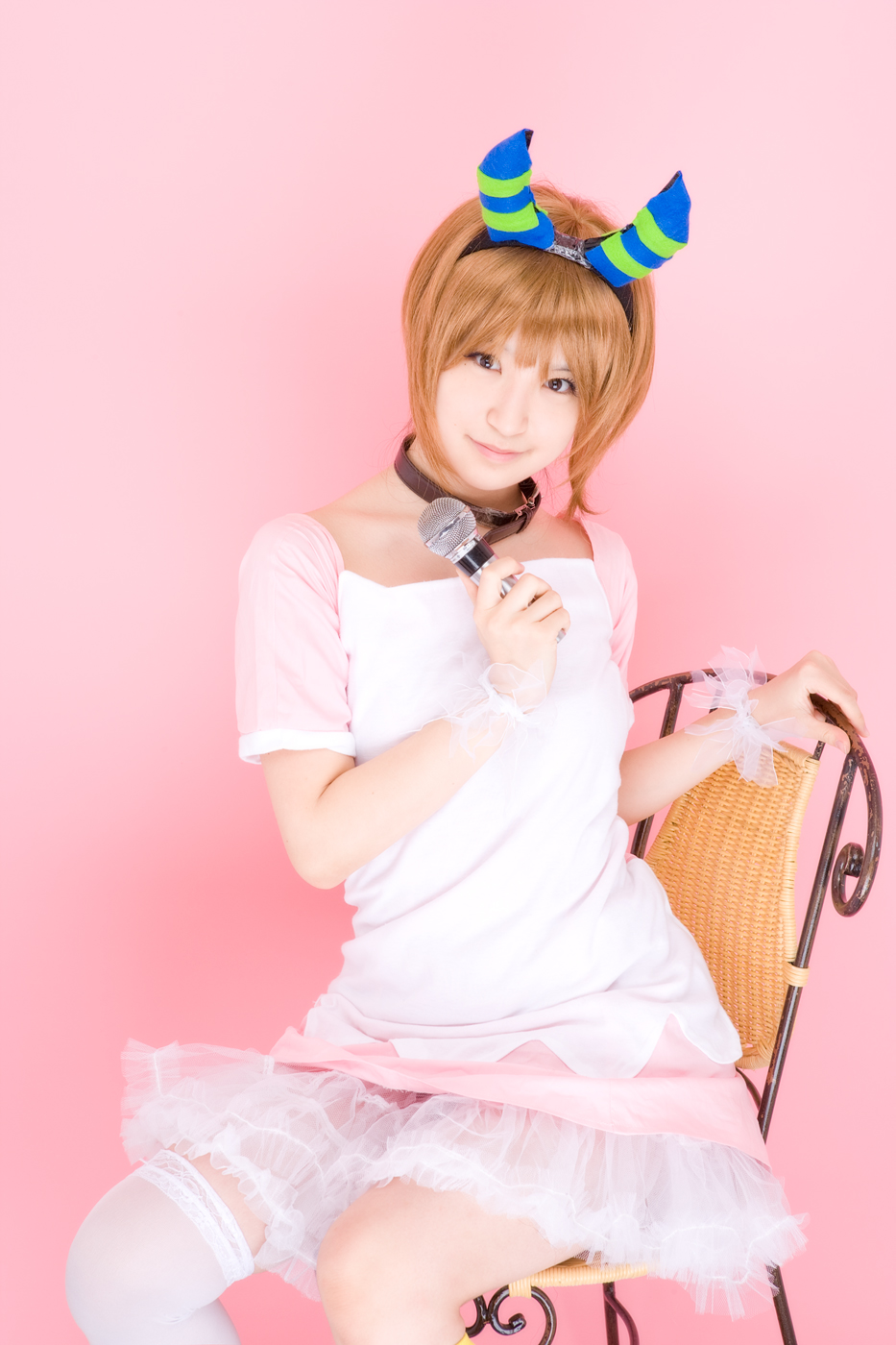 richi, linda (boku to maou), boku to maou, highres, photo (medium), apron, collar, cosplay, dress, horns, microphone, single thighhigh, thighhighs