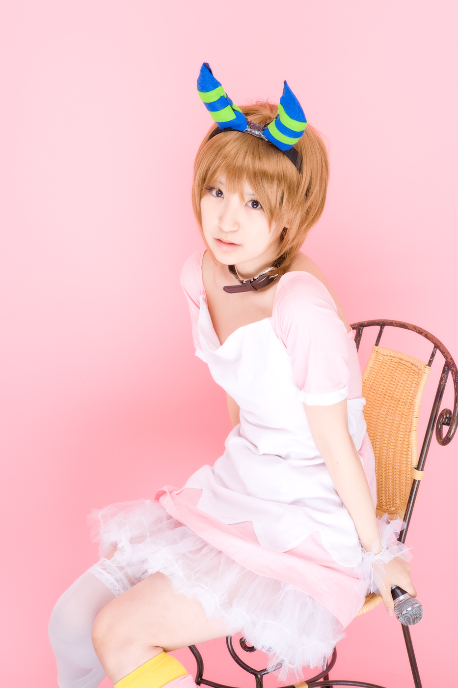 richi, linda (boku to maou), boku to maou, highres, photo (medium), apron, collar, cosplay, dress, horns, single thighhigh, thighhighs