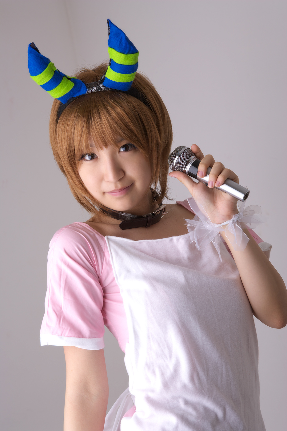 richi, linda (boku to maou), boku to maou, highres, photo (medium), apron, collar, cosplay, dress, horns, microphone