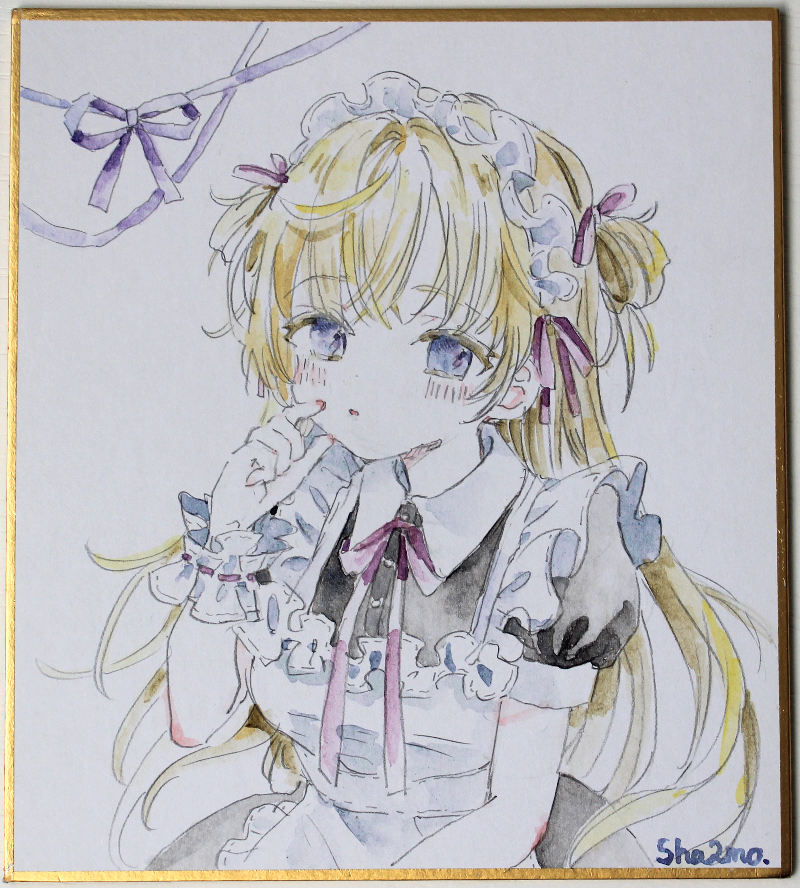 sha2mo, original, absurdres, commentary request, highres, photo (medium), traditional media, 1girl, apron, artist name, black dress, blonde hair, blue eyes, bow, bracelet, collared dress, dress, frilled apron, frills, hand up, jewelry, long hair, looking at viewer, maid, maid apron, maid headdress, parted lips, puffy short sleeves, puffy sleeves, purple bow, shikishi, short sleeves, signature, solo, two side up, very long hair, white apron