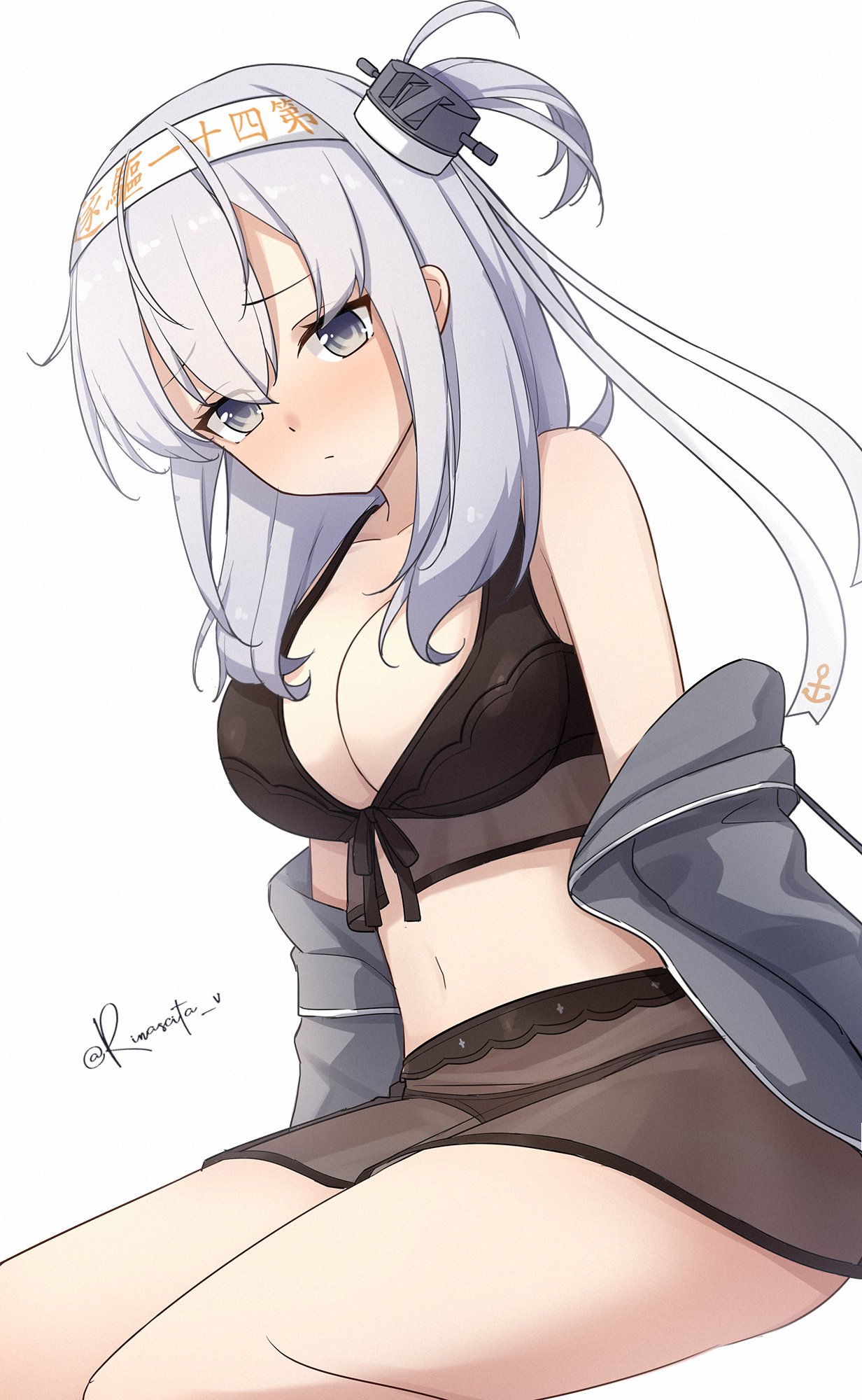 aticsanir, suzutsuki (kancolle), suzutsuki (swimsuit) (kancolle), kantai collection, highres, 1girl, bikini, black bikini, black headband, blush, breasts, cleavage, clothes writing, collarbone, grey eyes, grey hair, grey jacket, hachimaki, hair between eyes, headband, jacket, long hair, looking at viewer, medium breasts, one side up, see-through clothes, see-through skirt, sitting, skirt, smile, solo, swimsuit, twitter username, white background, white headband