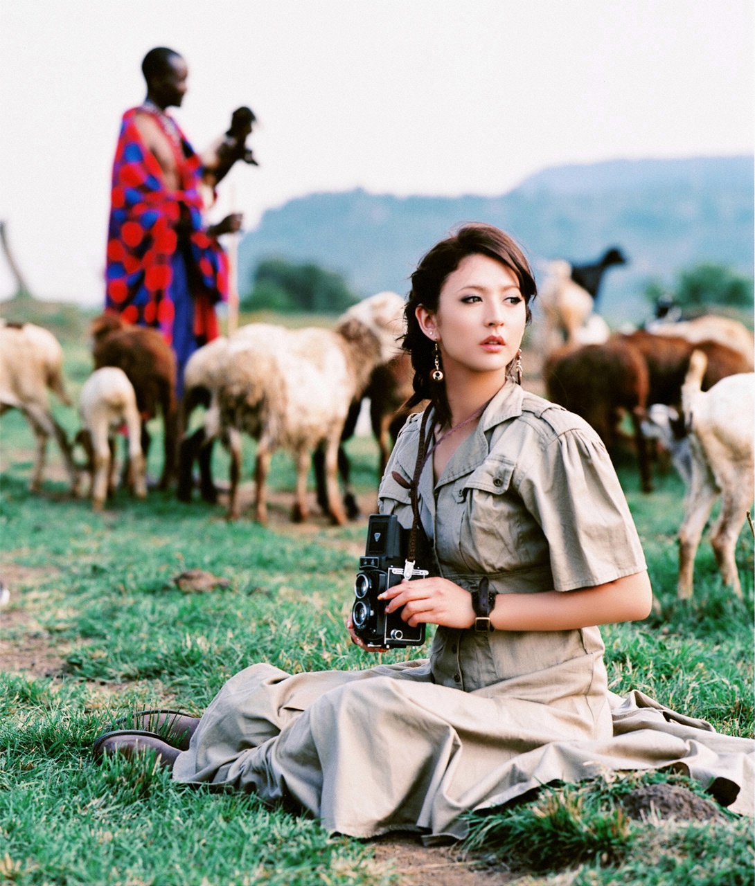 leah dizon, highres, photo (medium), africa, boots, camera, dress, goat herder, goats, kenya