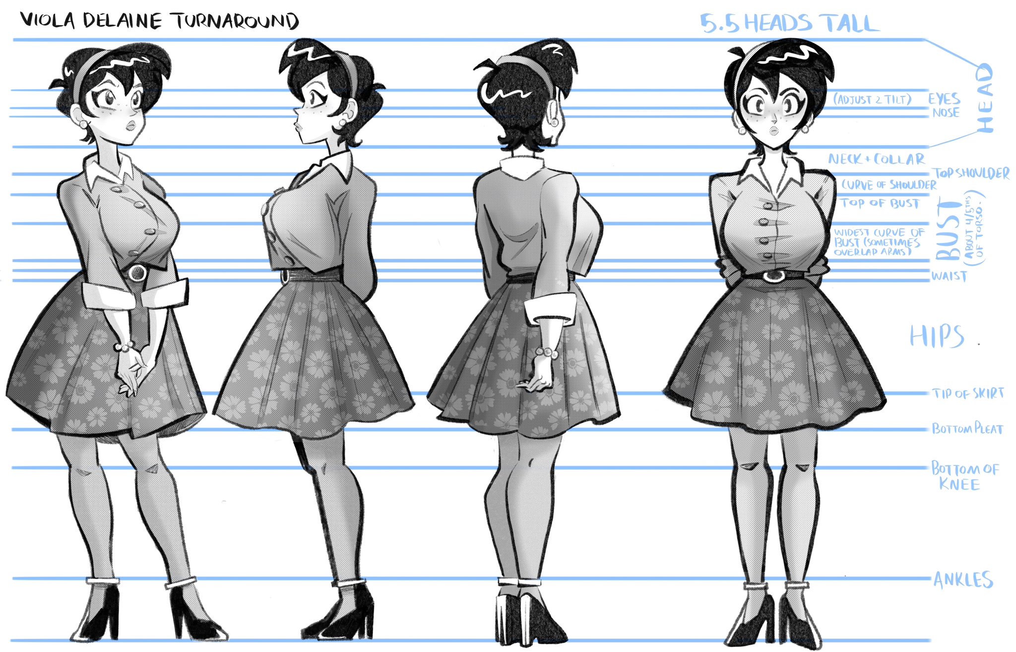 original, highres, 1girl, andymax, character name, english text, floral print, floral print skirt, high heels, multiple views, print skirt, reference sheet, retro artstyle, shirt, short hair, skirt, turnaround, viola delaine (andymax)