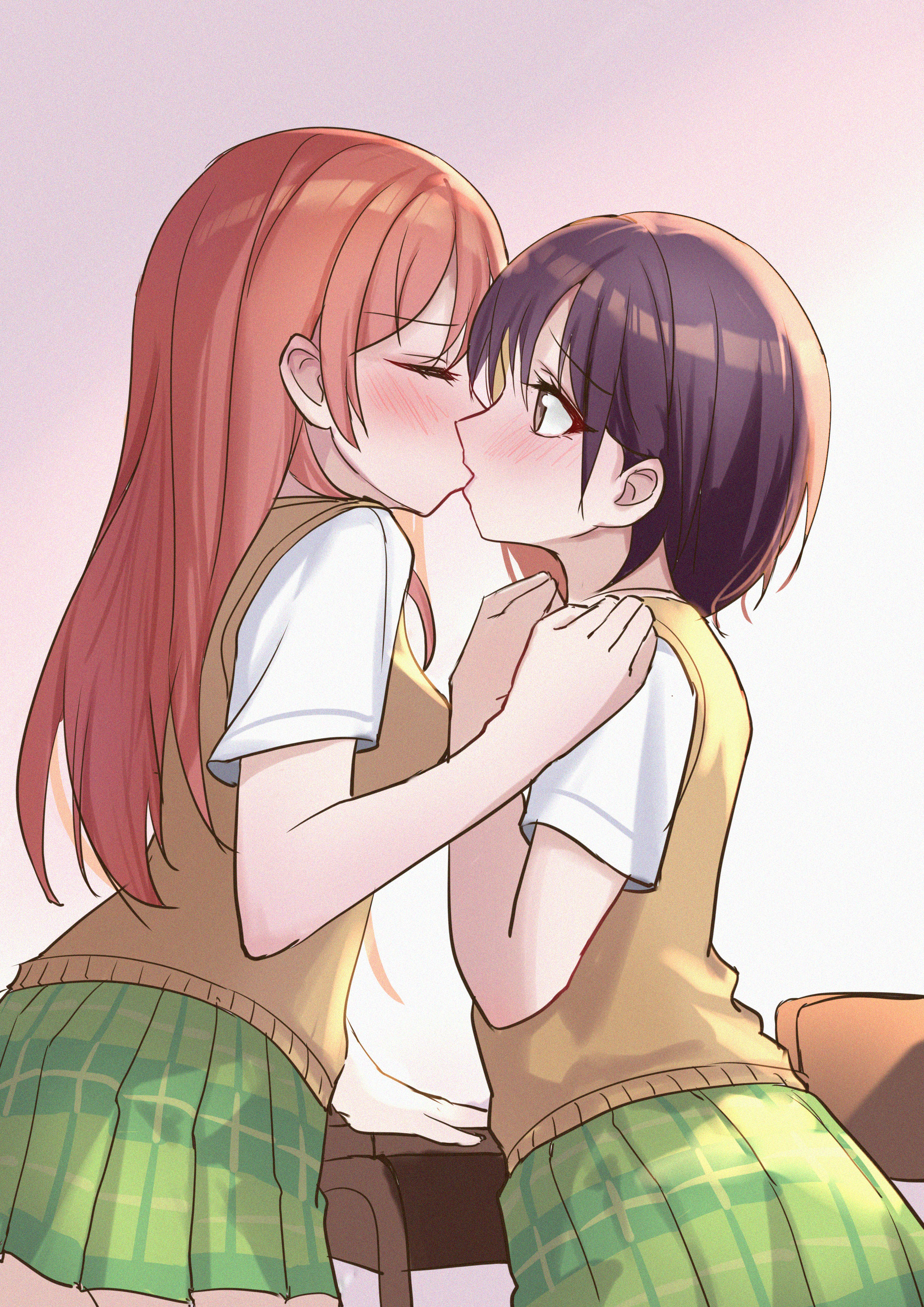 nameless ark, chihaya anon, takamatsu tomori, bang dream!, bang dream! it's mygo!!!!!, absurdres, commentary request, highres, 2girls, brown eyes, closed eyes, french kiss, green skirt, grey hair, haneoka school uniform, kiss, long hair, multiple girls, pink hair, plaid clothes, plaid skirt, pleated skirt, school uniform, shirt, short hair, short sleeves, skirt, sweater vest, white shirt, yellow sweater vest, yuri