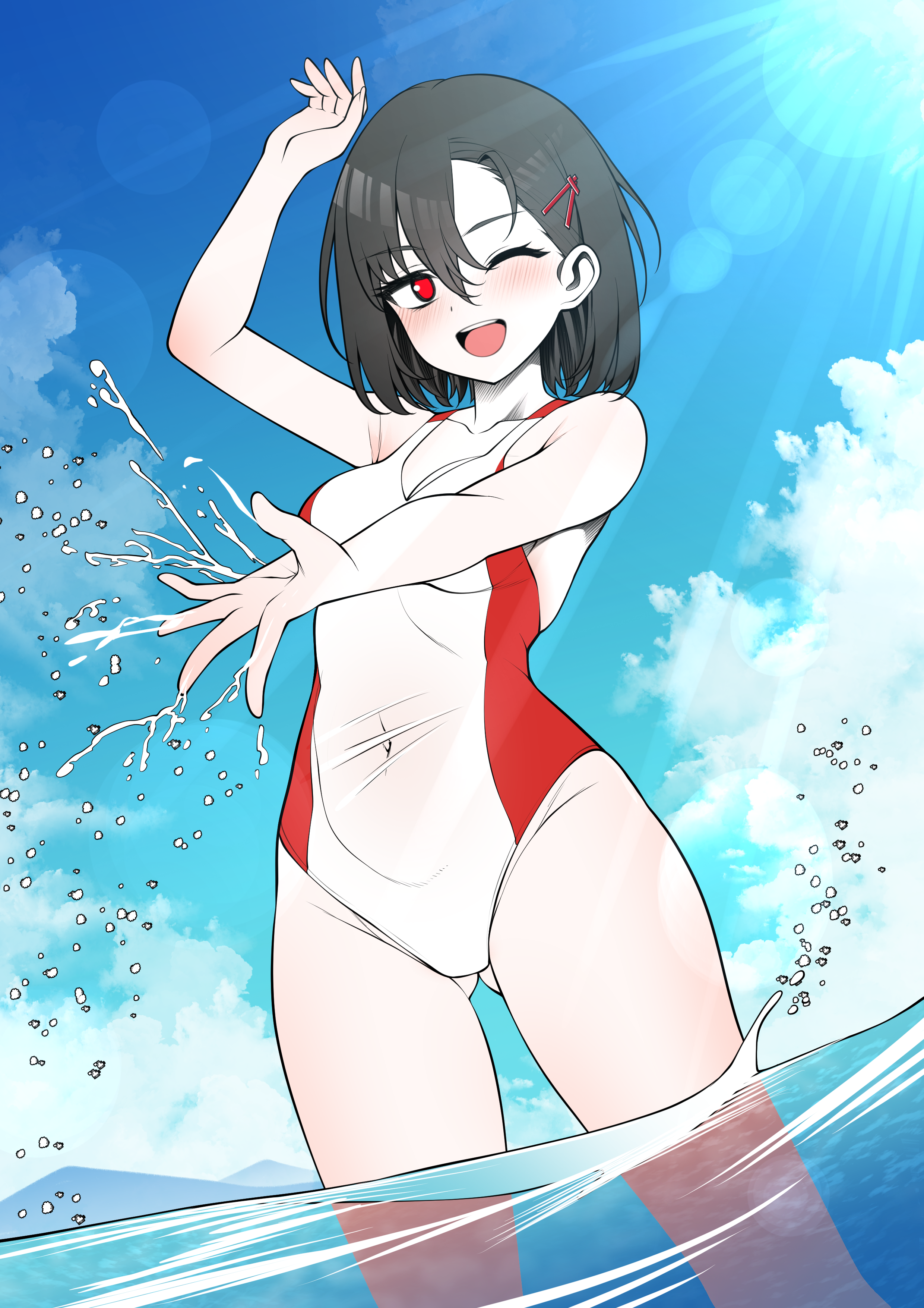 kkam-sang, original, absurdres, commentary request, commission, highres, korean commentary, 1girl, arm up, armpit crease, asymmetrical bangs, black hair, blue sky, blush, breasts, cloud, collarbone, covered navel, dated commentary, day, dot nose, dutch angle, gluteal fold, hair between eyes, hair ornament, lens flare, long bangs, looking at viewer, medium breasts, medium hair, no pupils, one eye closed, open mouth, outdoors, red eyes, sky, smile, solo, splashing, two-tone one-piece swimsuit, wading, water, water drop