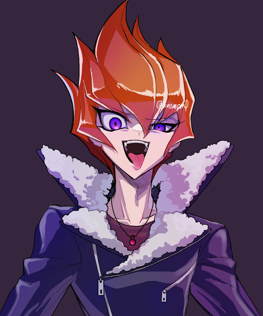 shi shoku, vector (yu-gi-oh!), yu-gi-oh!, yu-gi-oh! zexal, highres, 1boy, black jacket, grey background, half-closed eye, jacket, jewelry, male focus, medium hair, open mouth, orange hair, pendant, purple eyes, simple background, solo, spiked hair, teeth, tongue, tongue out, upper teeth only