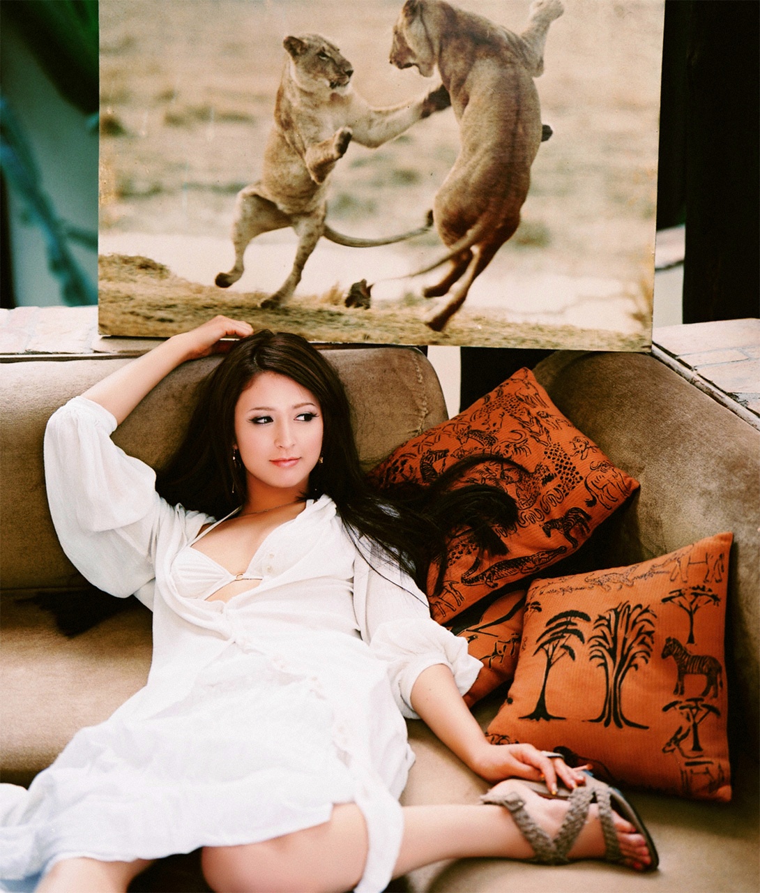 leah dizon, highres, photo (medium), africa, bikini, bikini top only, dress, kenya, lions, open clothes, open dress, swimsuit