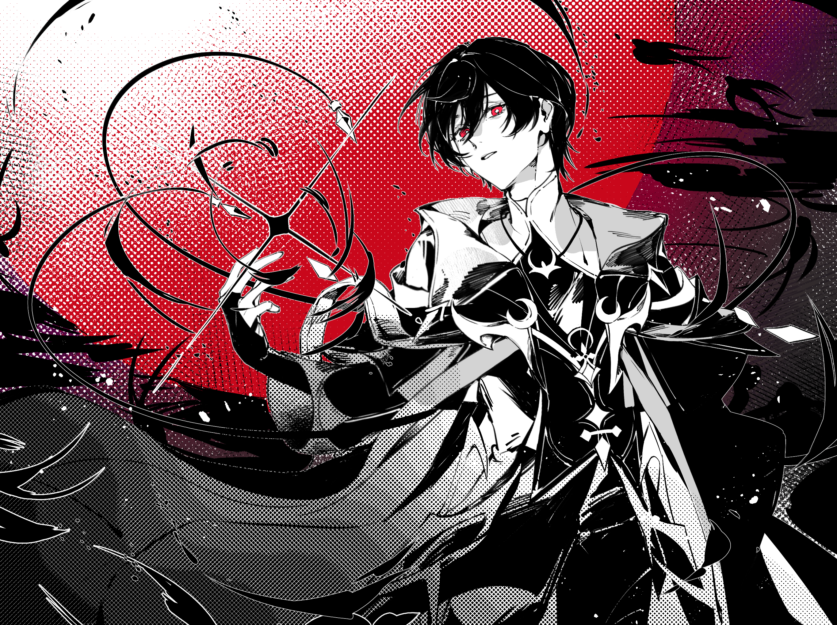 ang50, morpheus (elsword), noah ebalon, elsword, highres, 1boy, dithering, fingerless gloves, gloves, greyscale with colored background, jewelry, limited palette, looking at viewer, monochrome, red background, red eyes, red theme