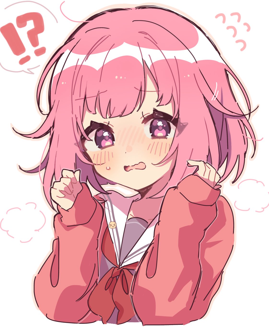 ra mntbti, ootori emu, project sekai, highres, !?, 1girl, blush, cardigan, flying sweatdrops, grey serafuku, grey shirt, hands up, long sleeves, looking at viewer, miyamasuzaka girls' academy school uniform, neckerchief, open cardigan, open clothes, open mouth, pink cardigan, pink eyes, pink hair, red neckerchief, sailor collar, school uniform, serafuku, shirt, short hair, simple background, solo, upper body, wavy mouth, white background, white sailor collar