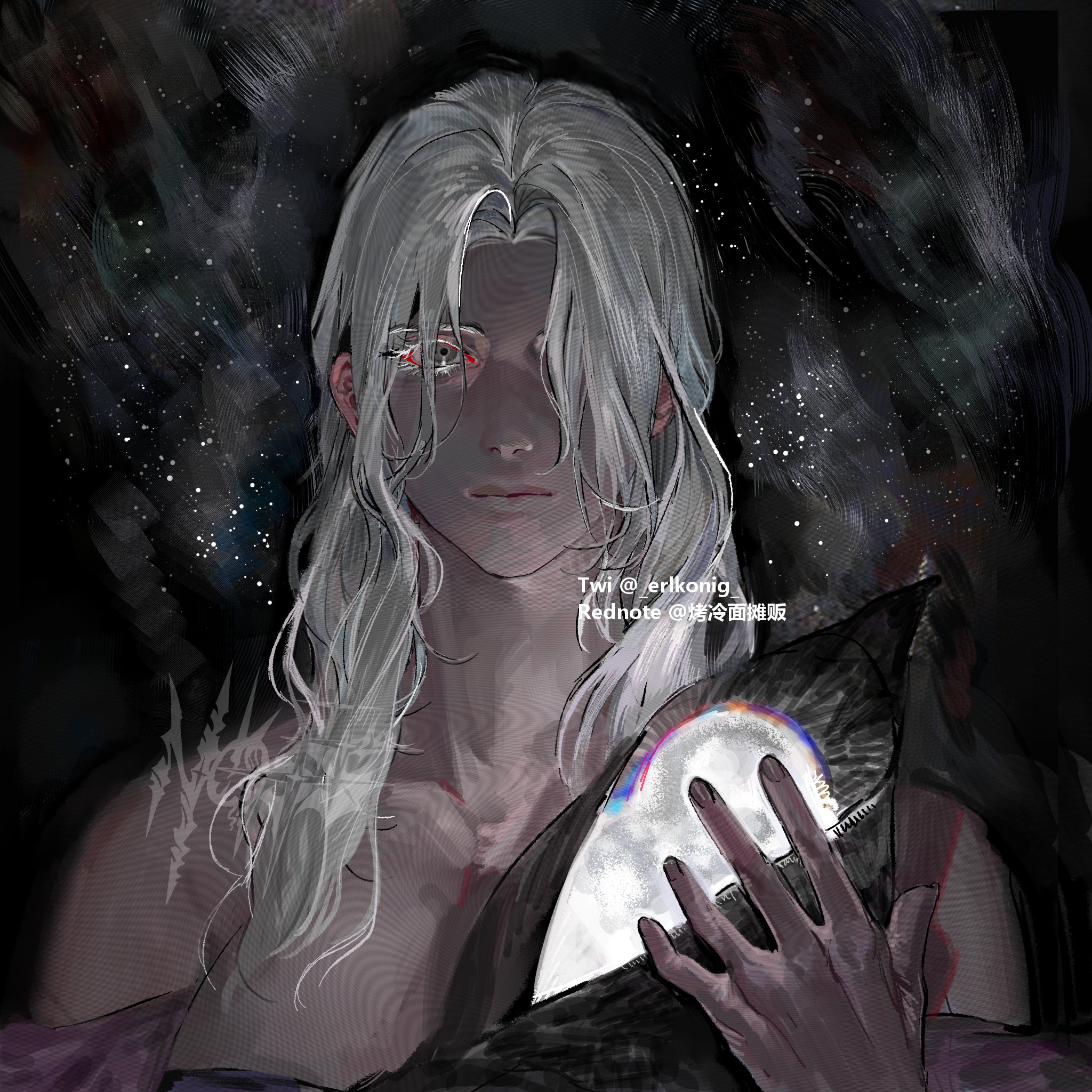 recluse (elden ring), elden ring, elden ring nightreign, hashtag-only commentary, highres, 1girl, 1other, baby, bare shoulders, black background, breasts, carrying, carrying baby, carrying person, colored eyelashes, curtained hair, dark-skinned female, dark skin, dress, expressionless, glowing, grey eyes, hair over one eye, hand up, mother and child, no headwear, noss ( erlkonig ), official alternate costume, one eye covered, portrait, purple dress, swaddled, white eyelashes, white hair