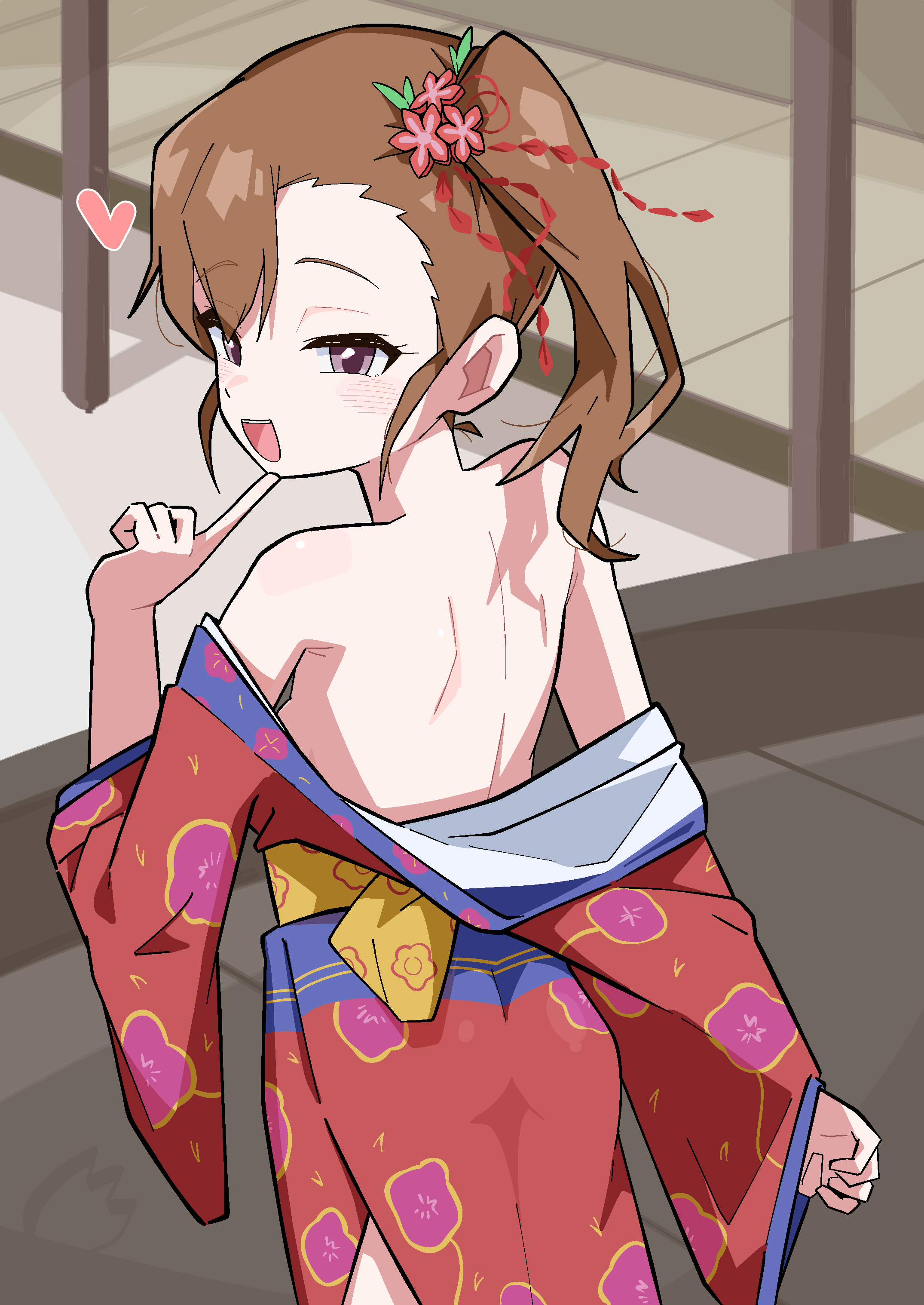 ohgi910, futami mami, idolmaster, idolmaster (classic), idolmaster million live!, absurdres, commentary, highres, 1girl, blush, breasts, brown hair, heart, japanese clothes, kimono, kimono pull, long hair, looking at viewer, looking back, median furrow, red kimono, shoulder blades, side ponytail, small breasts, smile, solo