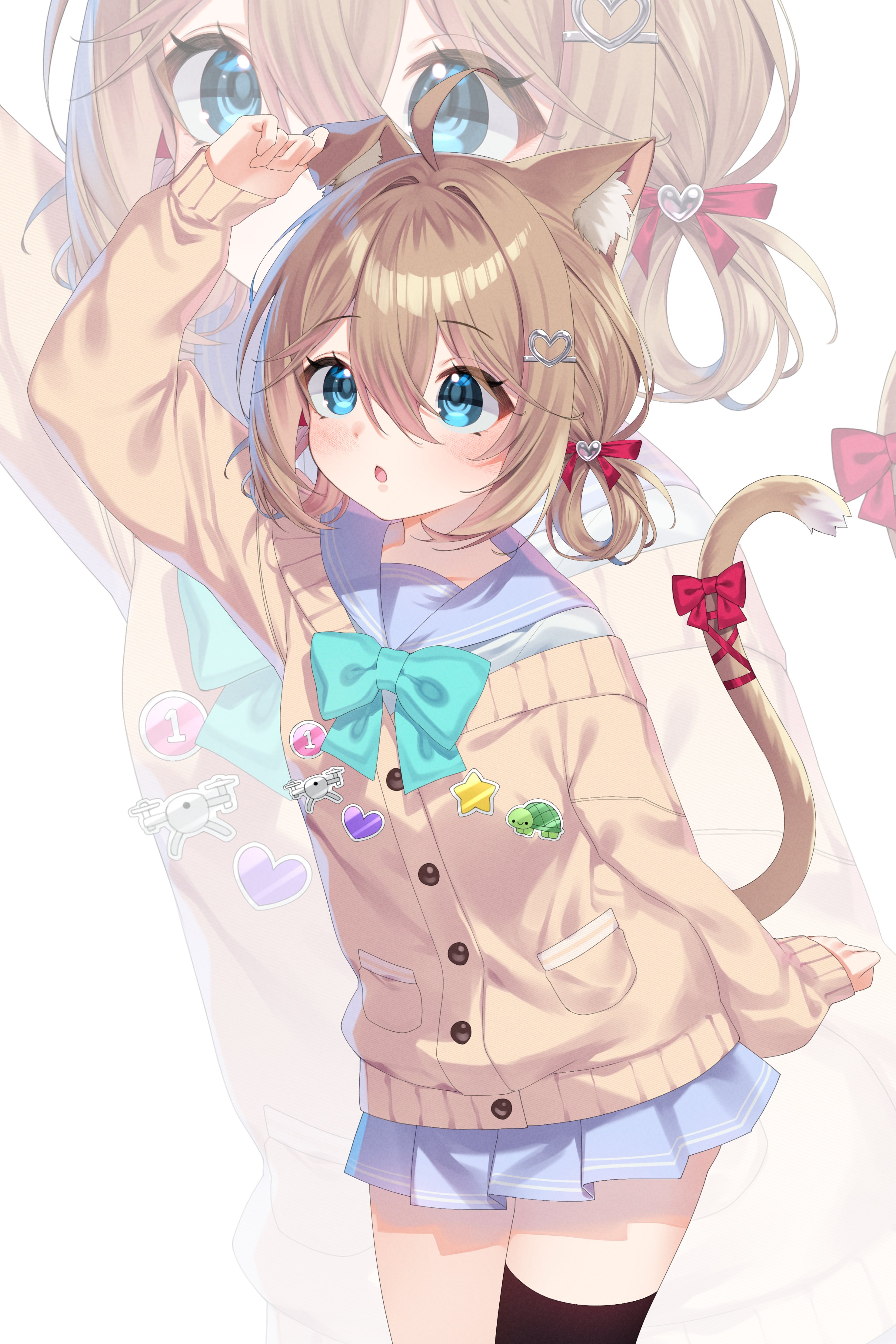 lightenbee, neuro-sama, vedal987, absurdres, commission, highres, 1girl, :o, ahoge, animal ear fluff, animal ears, blue eyes, blue sailor collar, blue skirt, bow, bowtie, brown hair, cardigan, cat ears, cat girl, cat tail, cowboy shot, green bow, green bowtie, hair between eyes, hair ornament, hair ribbon, hairclip, hand on own ear, hand up, heart, heart hair ornament, light blush, long sleeves, looking up, medium hair, pleated skirt, red ribbon, ribbon, sailor collar, sailor shirt, school uniform, shirt, sidelocks, single thighhigh, skirt, sleeves past wrists, smile, solo, star (symbol), sticker, surprised, tail, tail bow, tail ornament, tail raised, tail ribbon, tareme, thighhighs, thighs, two side up, vedal ai, virtual youtuber, yellow cardigan, zoom layer