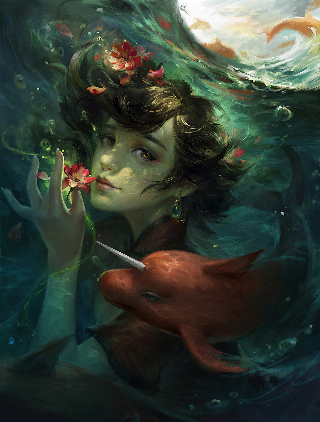 dreamway, dayu haitang, highres, 1girl, air bubble, black hair, brown eyes, bubble, chun (dayu haitang), closed mouth, earrings, fish, flower, holding, holding flower, jewelry, kun (dayu haitang), looking at viewer, short hair, solo, underwater